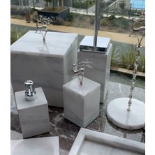 Miarik Design Dekoratif Beyaz Mermer Düz Kare Sılver Geyık Detaylı 7 Li Banyo Seti Takımı