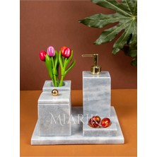 Miarik Design Dekoratif Gri Mermer Düz Kareli Gold Detaylı 5 Li Banyo Seti Takımı