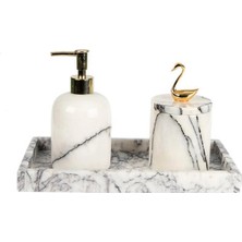 Miarik Design Dekoratif Leylak Mermer Altın Gold Kuğu Detaylı Dikdortgen Tepsı 3 Lu Banyo Seti Takımı