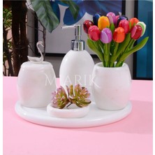 Miarik Design Dekoratif Beyaz Mermer Banyo Seti Takımı 5 Li Gümüş Kuğu Detaylı Tasarım Set