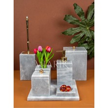 Miarik Design Dekoratif Gri Mermer Düz Kare Gold Detaylı 7'li Banyo Seti Takımı