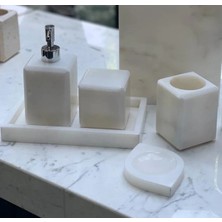 Miarik Design Dekoratif Beyaz Mermer Düz Kareli Silver Detaylı 5 Li Banyo Seti Takımı