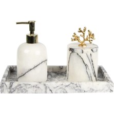 Miarik Design Dekoratif Leylak Mermer Gold Altın Mercan Detaylı Dikdortgen Tepsı 3 Lu Banyo Seti Takımı