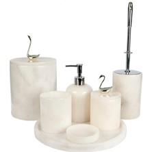 Miarik Design Dekoratif Beyaz Mermer 7'li Banyo Seti Gümüş Kuş Kuğu Detaylı Şık Tasarım
