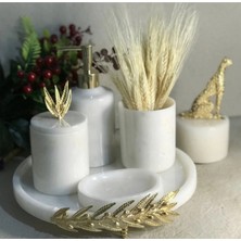Miarik Design Dekoratif Beyaz Mermer Altın Zeytin Dalı Detaylı 5'li Banyo Seti Takımı