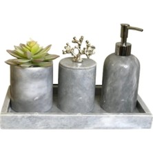 Miarik Design Dekoratif Gri Mermer Gümüş Mercan Detaylı 4 Lü Banyo Seti Takımı