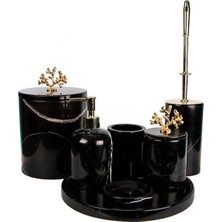 Miarik Design Dekoratif Sıyah Mermer Gold Mercan Detaylı 7 Li Banyo Seti Takımı