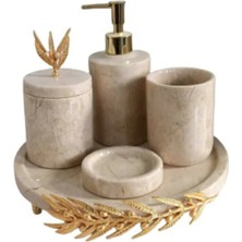 Miarik Design Dekoratif Bej Mermer Altın Zeytin Dalı Detaylı 5 Li Banyo Seti Takımı