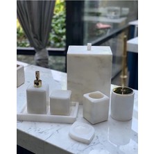 Miarik Design Dekoratif Beyaz Mermer Düz Kare Gold Detaylı 7 Li Banyo Seti Takımı