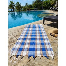 Ludia Ludıa %100 Pamuk Ekose Peştemal Havlu Mavi Çizgili Saçaklı Plaj ve Banyo Peştemali 79X190 cm