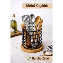 Naturelove Bambu & Metal Standlı Tezgah Üstü Kaşıklık - Çok Amaçlı Mutfak Düzenleyici Kepçe Bıçak Organizeri