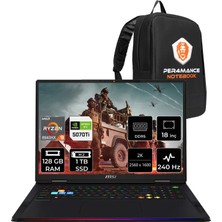 MSI Msı Raider A18 Hx Amd Ryzen 9-8940HX Rtx 5070 Ti 12GB 140W 128GB Ram 1tb SSD 18" 2k Qhd+ 240Hz Freedos A8WHG280TRP357 Gaming Laptop + Per4 Çanta