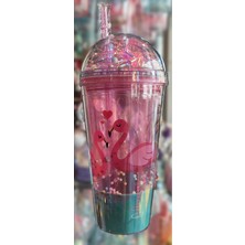 Ada Çanta Kırtasiye Flamingo Figürlü Işıklı Model Süslü Kapaklı Pipetli Plastik Bardak 450ML NR491755