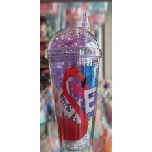 Ada Çanta Kırtasiye Flamingo Figürlü Işıklı Model Süslü Kapaklı Pipetli Plastik Bardak 450ML NR418255