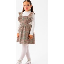 Ay Kids Kız Çocuk Ekose Askılı Elbise Takım – Fırfır Detaylı & Uzun Kollu Bluz-1570-