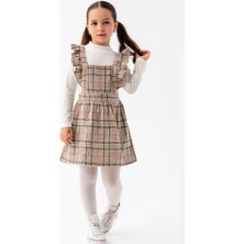 Ay Kids Kız Çocuk Ekose Askılı Elbise Takım – Fırfır Detaylı & Uzun Kollu Bluz-1570-V-
