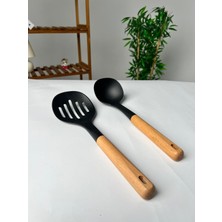 Favora 2li Ahşap Saplı Kepçe ve Spatula Seti - Siyah