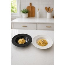 Bev Kitchen Modern Mat Beyaz ve Siyah 2 Adet Seramik Salata ve Makarna Tabağı (26 Cm) – Dekoratif Salata Veya Makarna Kasesi