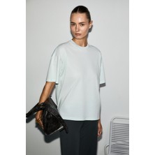 Grimelange Lagertha Kadın %100 Organik Pamuklu Kalın Dokulu Oversize Fit Yuvarlak Yakalı Açık Mavi T-Shirt