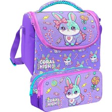 Coral High Mor Sevimli Tavşan Baskılı Kız Çocuk Beslenme ve Kalem Çantası Seti (37155+31055)