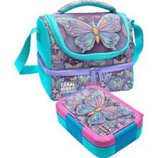 Coral High Beslenme Çantası ve Çelik Beslenme Kabı Kız Çocuk Pastel Renkli Kelebek Desenli (37203+39106)