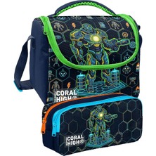 Coral High Lacivert Robot Baskılı Erkek Çocuk Beslenme ve Kalem Çantası Seti (37146+31046)