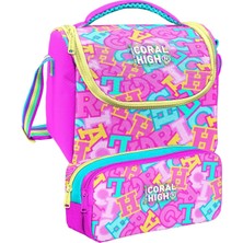 Coral High Pembe Su Yeşili Harf Baskılı Kız Çocuk Beslenme ve Kalem Çantası Seti (37141+31041)
