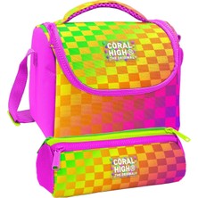 Coral High Beslenme Çantası ve Üç Gözlü Kalemlik Seti - Sarı Mor Dama Desenli Kız Çocuk 37103