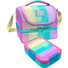 Coral High Beslenme Çantası ve Çelik Beslenme Kabı Kız Çocuk Yeşil Pembe Sarı Çizgi Desenli (37214+39164)