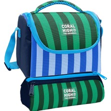 Coral High Beslenme Çantası ve Üç Gözlü Kalemlik Seti - Mavi Yeşil Çizgi Desenli Erkek Çocuk 37111