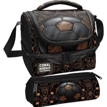 Coral High Erkek Çocuk Siyah Kahverengi Futbol Topu Baskılı Iki Katlı Beslenme Çantası ve Kalemlik Seti (37208+31017)