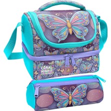 Coral High Kız Çocuk Pastel Renkli Kelebek Desenli Iki Katlı Beslenme Çantası ve Kalemlik Seti (37203+31006)