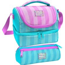 Coral High Kız Çocuk Turkuaz Pembe Çizgi Desenli Iki Katlı Beslenme Çantası ve Kalemlik Seti (37213+22087)