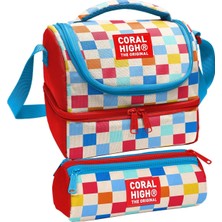 Coral High Kız Çocuk Kırmızı Çok Renkli Dama Desenli Iki Katlı Beslenme Çantası ve Kalemlik Seti (37205+31025)