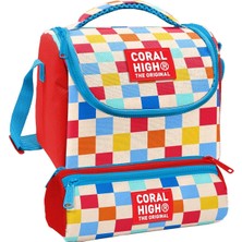 Coral High Beslenme Çantası ve Üç Gözlü Kalemlik Seti - Kırmızı Çok Renkli Dama Desenli Kız Çocuk 37125