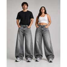 St.Poll Eskitme Gri Yıkamalı Unisex Büyük Beden Baggy Jean Pantolon