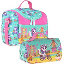 Kaukko Kids Kız Çocuk Bisikletli Kedi Baskılı Yeşil - Pembe Thermo Beslenme Çantası ve Kalemlik Seti - SETKK-L5329