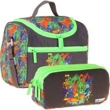 Kaukko Kids Erkek Çocuk Street Dinazor Baskılı Siyah - Yeşil Thermo Beslenme Çantası ve Kalemlik Seti - SETKK-L5415