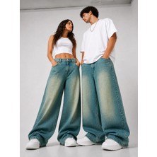 St.Poll Eskitme Yeşil Efekt Vintage Yıkama Unisex Baggy Jeans Pantolon