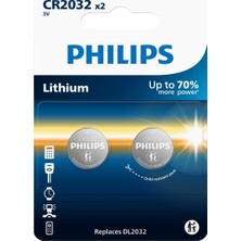 Philips CR2032 3V Lityum Düğme Pil,saat ve Kumanda Pili - DL2032 Muadili - CR2032P2/01B -2'li Paket