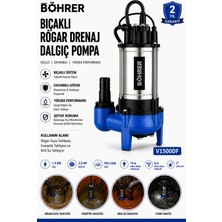 Böhrer V1500DF Bıçaklı Rögar Drenaj Dalgıç Pompa 2 Hp 420 L/dak Foseptik, Kirli Su ve Atık Su Tahliy