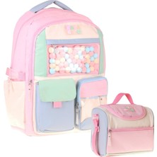 Calacilo Kız Çocuk Ilkokul Sırt Çantası ve Beslenme Seti - Scales Pompon Aksesuarlı Pembe - Yeşil SETCC-C4095B