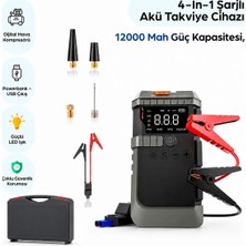 Robeve 4-In-1 Şarjlı Akü Takviye Cihazı – 12000 Mah Güç Kapasitesi, Dijital Lastik Pompası, Powerbank ve LED Işıklı Çok Fonksiyonlu Acil Durum Oto Yardım Cihazı Saklama Çantalı