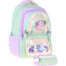 Calacilo Rainbow Kız Çocuk Rainbow Lila Yeşil Renkli Okul Sırt Çantası ve Kalemlik Seti - SETCC-C4089C