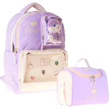 Calacilo Kız Çocuk Ilkokul Sırt Çantası ve Beslenme Seti - K-Pop Lilac Peluş Ayı Aksesuarlı Lila SETCC-C4104B