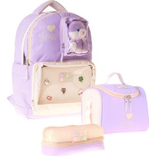 Calacilo K-Pop Lilac Peluş Ayı Aksesuarlı Lila Kız Çocuk Üçlü Ilkokul Okul Çantası Seti - SETCC-C4104A