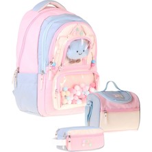 Calacilo Cloudy Pembe Mavi Renkli Pembe - Mavi Kız Çocuk Üçlü Ilkokul Okul Çantası Seti - SETCC-C4086A