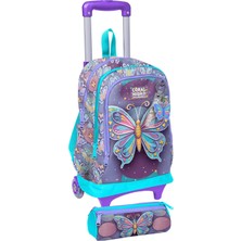 Coral High Çekçek Tekerlekli (Işıklı) Çanta ve Kalemlik - Kız Çocuk - Pastel Renkli Kelebek