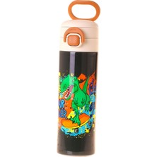 Kaukko Kids 520 ml Street Dinazor Baskılı Siyah - Yeşil Erkek Çocuk Çelik Termos Matara (Çift Içim Kilitli Kapak) - L5417