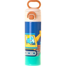 Kaukko Kids 520 ml Dinazor ve Iş Makinesi Baskılı Mavi - Sarı Erkek Çocuk Çelik Termos Matara (Çift Içim Kilitli Kapak) - L5372